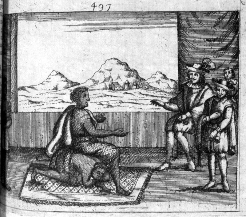 A historical depiction of Queen Nzinga of Ndongo and Matamba (present-day Angola) receiving a Portuguese emissary in 1622. The scene captures a moment of diplomacy and power dynamics, showcasing Nzinga’s strategic refusal to sit on Portuguese cushions, symbolizing her determination to assert equality and resist colonial authority.