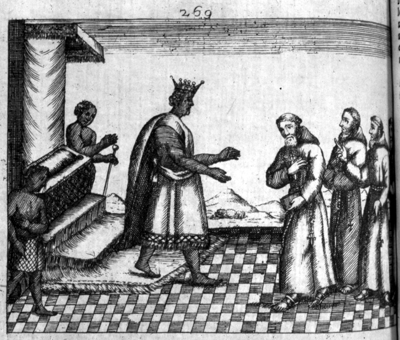 A historical depiction of Dom Garcia II, the King of Kongo (1641–1661), receiving a delegation of Capuchin monks in 1648. The scene illustrates a diplomatic encounter in the Kingdom of Kongo, located in west-central Africa, encompassing parts of present-day Angola, the Democratic Republic of Congo, and the Republic of Congo.