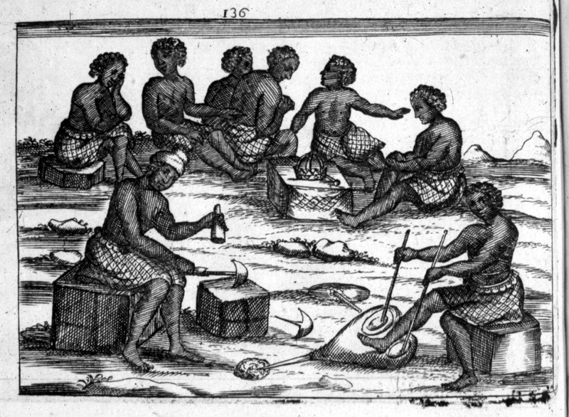 A historical photograph or illustration of Alamandini blacksmithing, showcasing traditional metalworking practices of the Ndongo tribe. The image depicts blacksmiths heating iron in a forge and shaping it with tools, highlighting the craftsmanship and techniques used in this essential trade under the rule of Queen Nzinga Mbande.