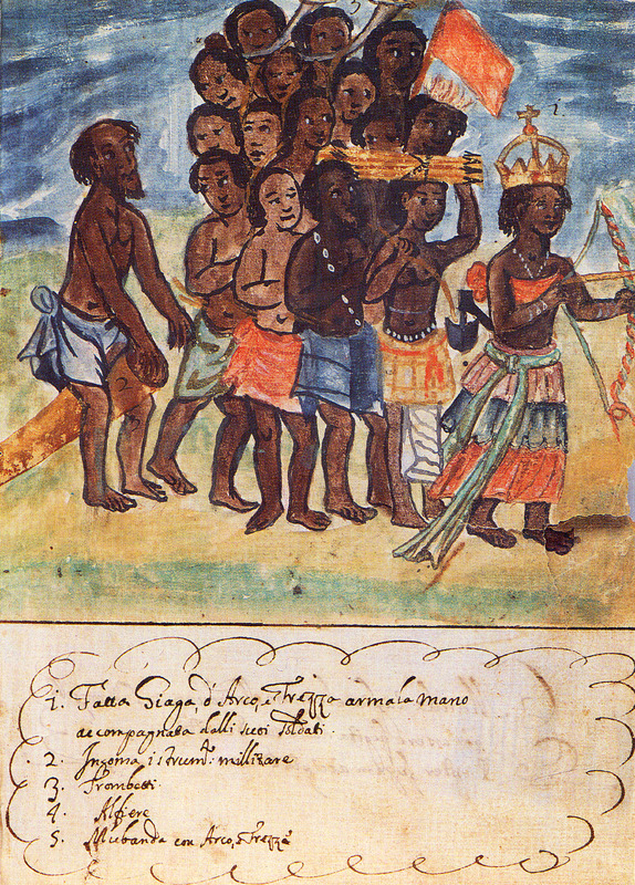 An illustration from the "Manoscritti Araldi" depicting Queen Nzinga of Ndongo and Matamba with her military entourage in the Kingdom of Matamba, Angola. The scene shows her surrounded by soldiers, trumpeters, and archers, with Italian text describing the figures and instruments.