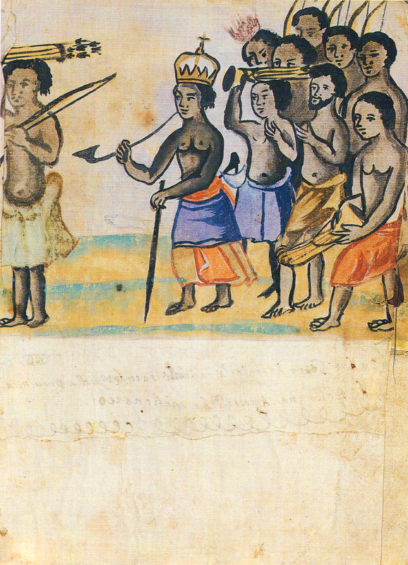 A historical image likely depicting a scene related to Portuguese interactions in Africa, possibly in Angola or the Kingdom of Kongo between the 15th and 17th centuries. The scene may represent a royal procession, a diplomatic encounter, or a cultural depiction of the time, reflecting Portugal’s significant presence in Africa during this period.