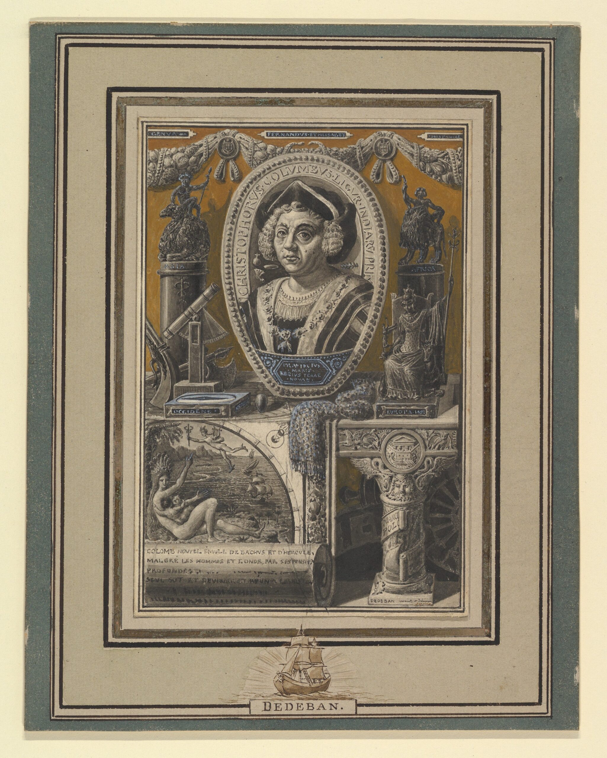 An intricate 19th-century portrait of Cristoforo Colombos by Jean-Baptiste Dedéban, surrounded by symbolic figures, artifacts, and inscriptions.