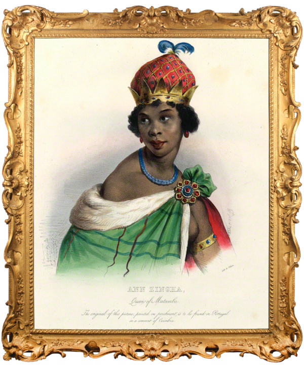 A depiction of Queen Nzinga of Ndongo and Matamba, a 17th-century African ruler known for her resistance against the Portuguese Empire. The image highlights her regal presence, symbolizing her 37-year reign marked by diplomacy, military strategy, and leadership in South West Africa.