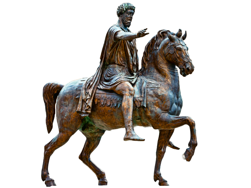 "Equestrian Statue of Marcus Aurelius, a bronze sculpture of the Roman Emperor on horseback. He wears a toga and extends his right arm in a gesture of command. The horse is mid-stride with its front left leg raised, conveying movement and power. The patina shows brown and green hues, reflecting the statue’s age and bronze material."