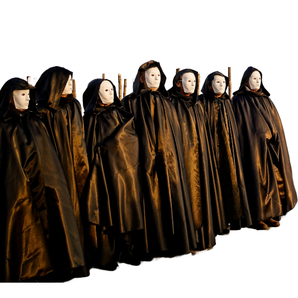 Men in cloaks acting in ancient Greek theater, wearing masks made of materials like wood or linen. The masks signify the characters' sex, age, personality, and morals, essential for distinguishing roles in plays.