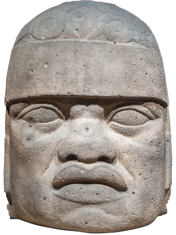 An Olmec colossal head, a monumental stone sculpture representing a powerful Olmec ruler or elite. The statue, with its unique headdress and distinct facial features, symbolizes the authority and artistry of the ancient Olmec civilization, which thrived in Mesoamerica before mysteriously disappearing.