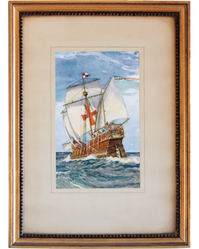 A detailed depiction of the Santa María, Cristoforo Colombos's flagship during his first voyage to America in 1492. The three-masted vessel, approximately 117 feet (36 meters) long, is shown with bombards for defense and intricate rigging, set against a maritime backdrop.