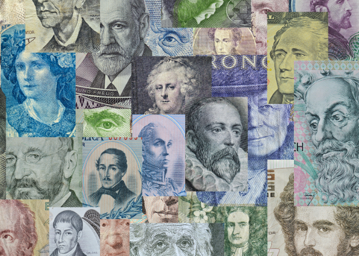 A collage of historical figures who changed the world, including Miguel de Cervantes, designed in a vintage banknote and engraving style with fragmented text.