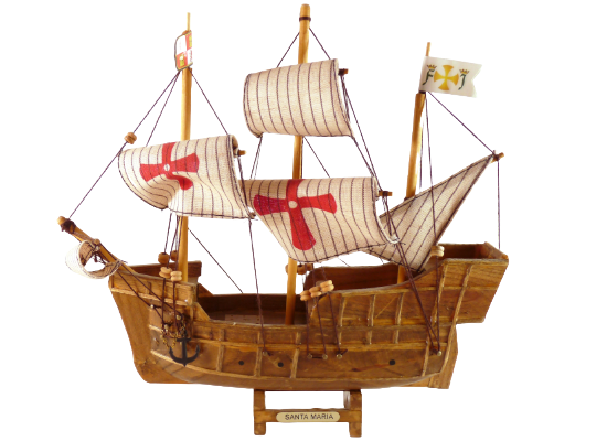 A detailed model of the Santa María, Cristoforo Colombos's flagship on his first voyage to America in 1492. The carrack-type ship, approximately 117 feet (36 meters) long, is shown with three masts and intricate rigging, set against a backdrop that evokes the Age of Discovery.