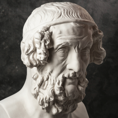 "Marble bust of Homer, one of the historical figures who changed the world - blind poet of ancient Greece credited with composing the Iliad and Odyssey"