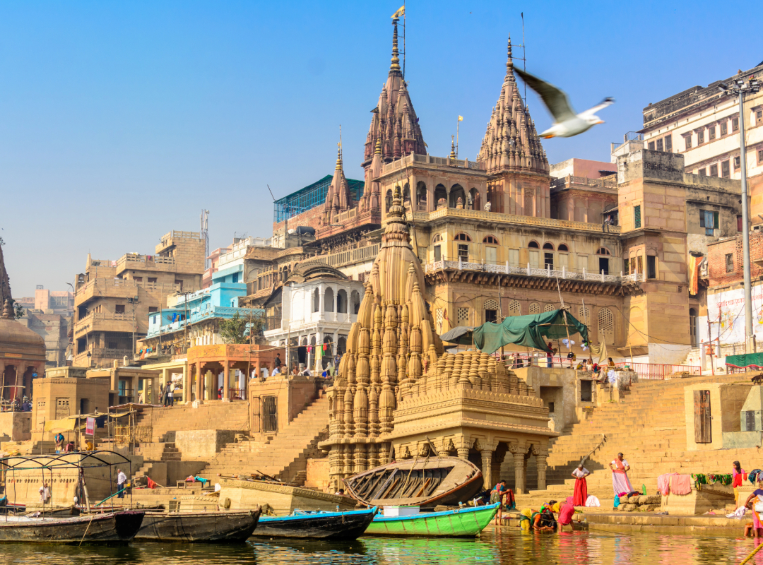 Devotees performing rituals on Varanasi’s stone ghats at sunrise