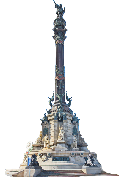 Columbus Monument at the lower end of Las Ramblas in Barcelona, featuring a tall column topped by a statue of Christopher Columbus pointing out to sea.