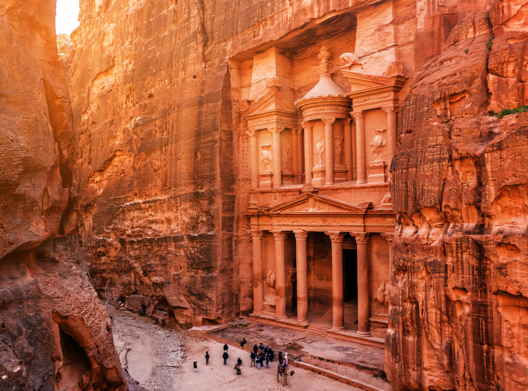The rose-red Treasury (Al-Khazneh) carved into Petra’s sandstone cliffs