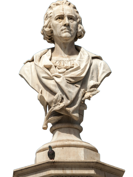 A 19th-century sculpture of Cristoforo Colombos, located in Las Palmas de Gran Canaria, Spain. The statue depicts Columbus standing confidently, holding a navigational instrument, with intricate details in his clothing and posture.