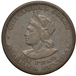 A close-up image of a 1 peso coin from El Salvador, minted between 1892 and 1914 (Cristoforo Colombos). The coin features the inscription "CINEMAM COLDY AMERICA CENTRAL UN PESO" and showcases intricate design elements typical of historical currency.