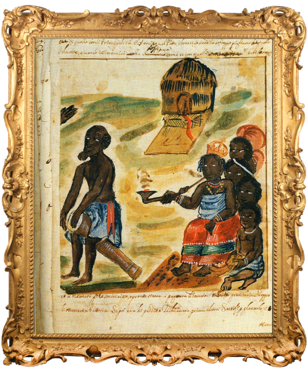 A historical painting of Queen Nzinga Mbande of Ndongo and Matamba (present-day Angola) with her court. The artwork depicts her as a powerful 17th-century African ruler, known for her resistance against Portuguese colonization and the slave trade. The painting may be based on accounts by Giovanni Antonio Cavazzi da Montecuccolo, an Italian missionary who documented her reign.