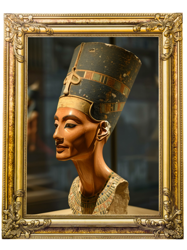 The iconic bust of Nefertiti, an ancient Egyptian queen and the Great Royal Wife of Pharaoh Akhenaten, created around 1345 BC by the sculptor Thutmose. The limestone sculpture is renowned for its beauty and lifelike details, currently housed in the Neues Museum in Berlin.
