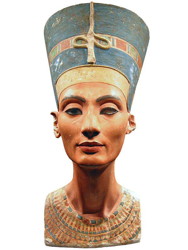The iconic bust of Nefertiti, an ancient Egyptian queen and the Great Royal Wife of Pharaoh Akhenaten, crafted from painted limestone during the 14th century BC. The sculpture is renowned for its beauty and lifelike details, currently housed in the Neues Museum in Berlin.