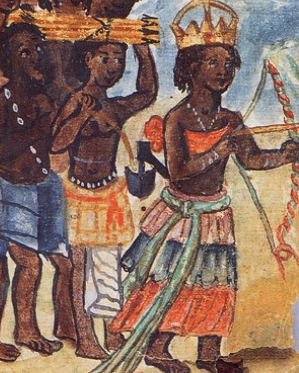 A 17th-century manuscript illustration of Queen Nzinga Mbande of Ndongo and Matamba (present-day Angola). The image depicts her as a powerful leader known for her resistance against Portuguese colonization and the slave trade, highlighting her role as a skilled negotiator, fearless warrior, and visionary ruler.