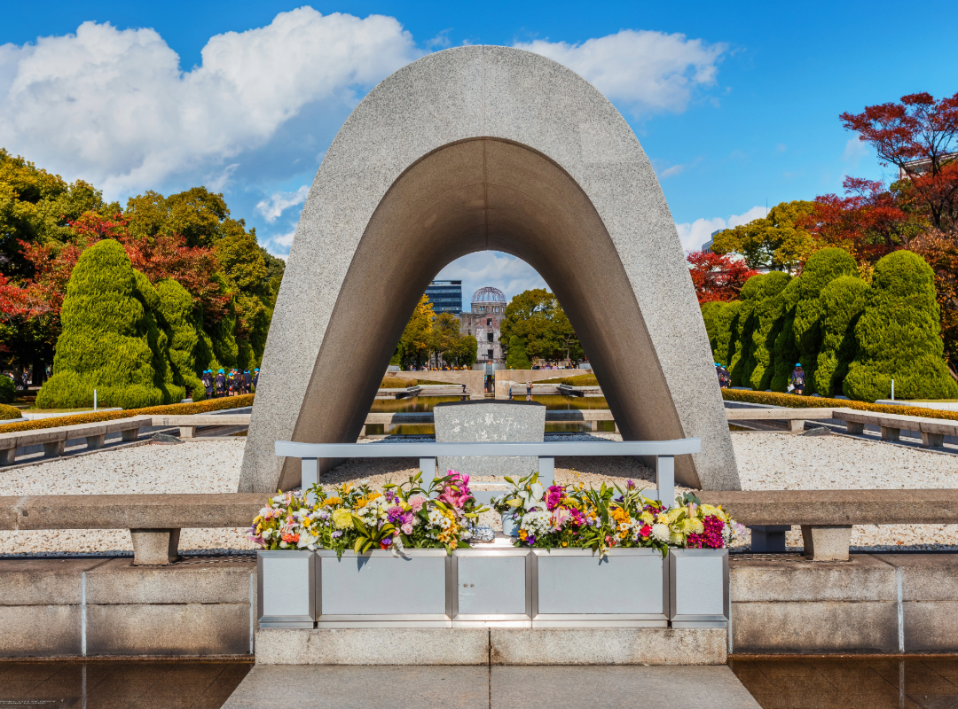 world landmark Hiroshima Peace Memorial Park with the Atomic Bomb Dome under clear blue skies