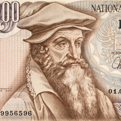 A 1000 Belgian Francs banknote (1965) featuring a portrait of Gerardus Mercator, the Flemish cartographer who created the Mercator projection.