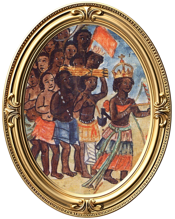 An illustration from the "Manoscritti Araldi" depicting Queen Nzinga of Ndongo and Matamba with her military entourage in the Kingdom of Matamba, Angola. The scene shows her surrounded by soldiers, trumpeters, and archers, with Italian text describing the figures and instruments.
