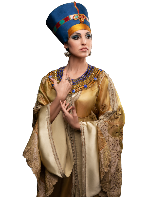 A female model portraying Queen Nefertiti, dressed in elegant, historically inspired attire that reflects the glory and elegance of the ancient Egyptian queen. The model embodies Nefertiti’s iconic beauty and regal presence, showcasing her timeless allure.