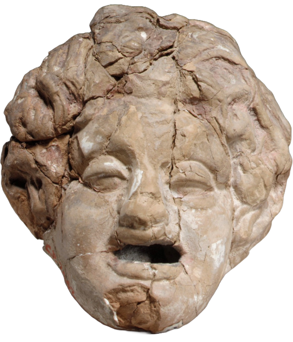 A terracotta theater mask (trojan war chorus mask) from ancient Greece, depicting a tragic or comic character, with exaggerated facial features and intricate details. The mask reflects the artistry of Greek theater and its use in dramatic performances.