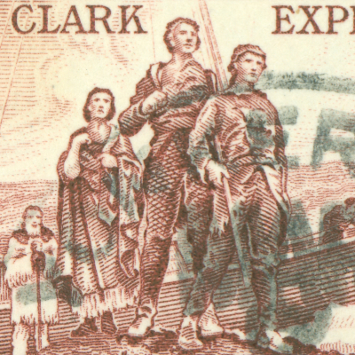 A commemorative stamp featuring the Clark Expedition, with text "CLARK EXP." and an illustration of expedition members.