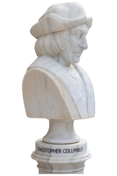 Marble bust of Christopher Columbus at the Ralli Museum in San Sebastian de la Gomera, Canary Islands, with inscription on base.