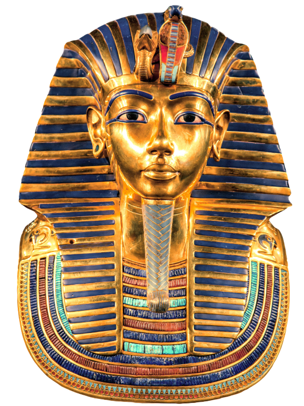 A close-up view of Tutankhamun’s funerary mask, made of gold and inlaid with precious stones. The mask is a masterpiece of ancient Egyptian art and was placed over the pharaoh’s mummy to ensure his protection in the afterlife.