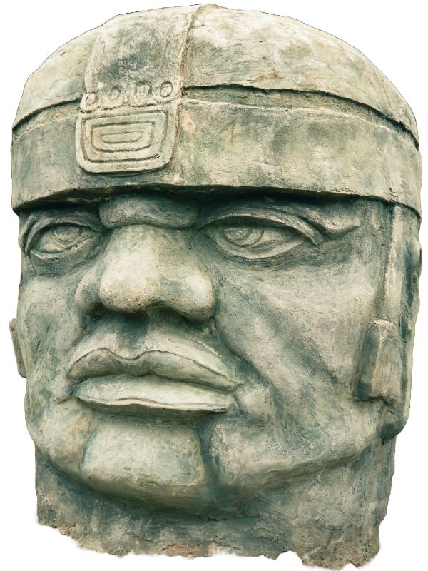 An Olmec colossal head, a monumental stone sculpture representing a powerful Olmec ruler. The statue, with its distinct features and symbolic headdress, reflects the authority and artistry of the ancient Olmec civilization, the first major culture of Mesoamerica.