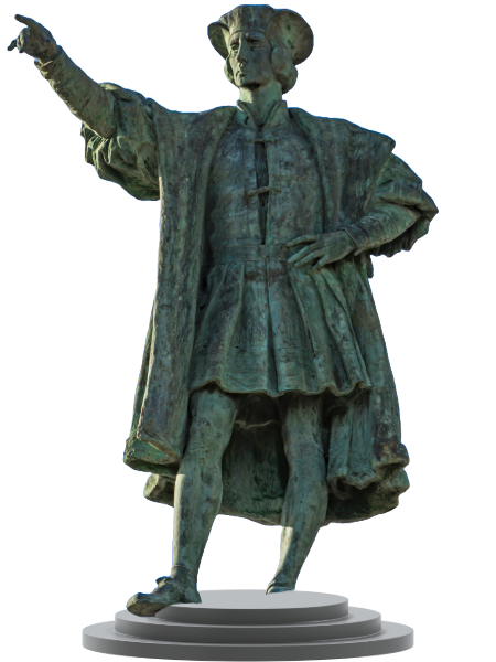 A bronze statue of Cristoforo Colombos standing on a tall pedestal, with his right arm outstretched and his gaze directed towards the horizon.