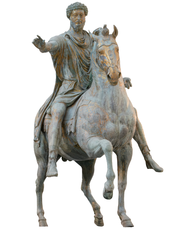 The Equestrian Statue of Marcus Aurelius, a bronze sculpture depicting the Roman emperor on horseback in a commanding pose, with his right arm outstretched. The statue features a weathered, greenish-brown patina and is set against a plain white background.