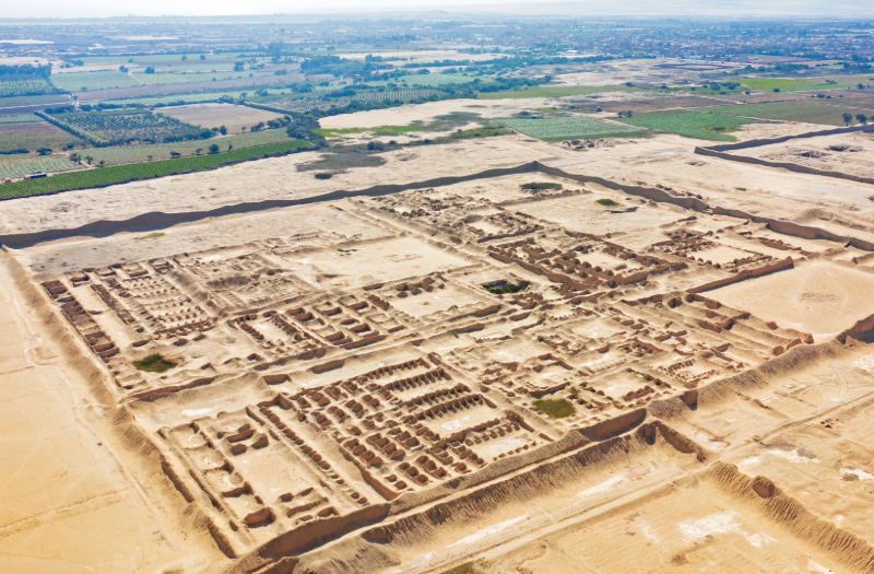 The ancient city of Chan Chan, capital of the Chimú civilization near Trujillo, Peru. Featuring large walled enclosures and mud-brick structures adorned with frescoes, it is the largest earthen architecture in pre-Columbian America.
