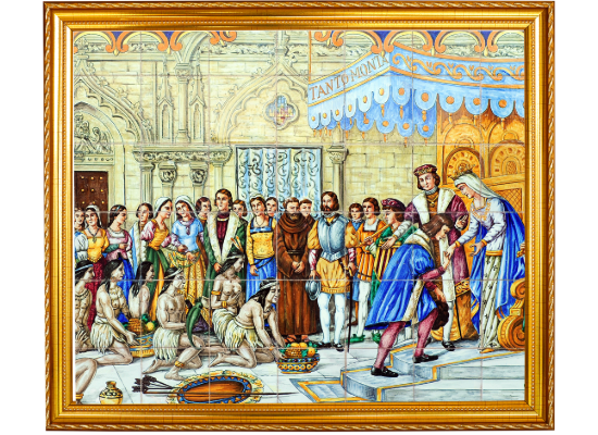 A tile panel depicting Cristoforo Colombos standing before the Catholic Monarchs, Ferdinand and Isabella, in Barcelona, with the inscription "Tanto Monta" at the top. The scene likely represents Columbus recounting his voyages to the monarchs after his return from the Americas.