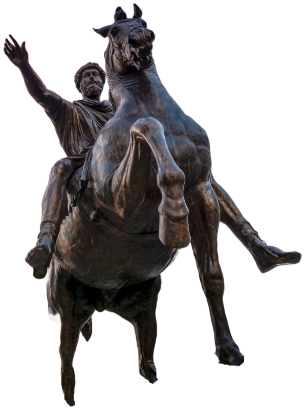 The Equestrian Statue of Marcus Aurelius, a bronze sculpture depicting the Roman emperor on horseback with his right arm raised, set against a plain white background.