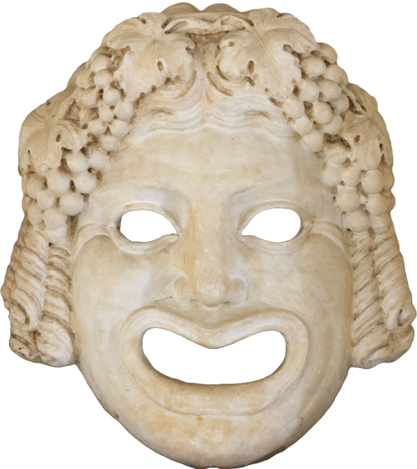 A comedy mask from ancient Greek theater, featuring exaggerated facial expressions and crafted from lightweight materials like linen or cork. The mask ensured characters were recognizable from a distance in large open-air theaters.