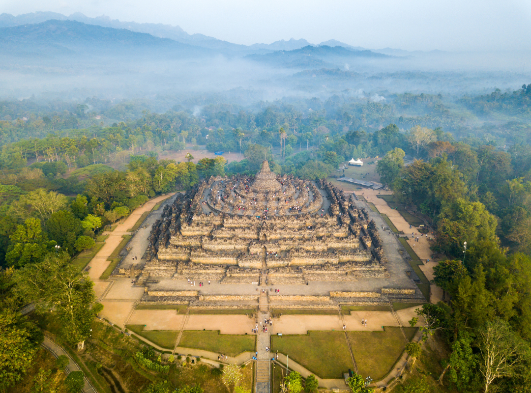 Borobudur’s massive Buddhist stupas at sunrise, Java, Indonesia