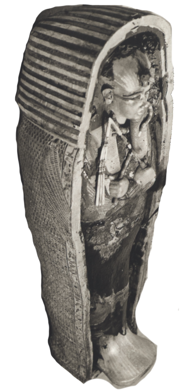 The middle coffin of King Tutankhamun, made of wood and covered in gold and semiprecious stones, depicts the young pharaoh as Osiris. It features the heka scepter and flail, along with protective symbols of the vulture and uraeus. Discovered in his tomb (KV62), this artifact highlights ancient Egyptian funerary practices and craftsmanship.