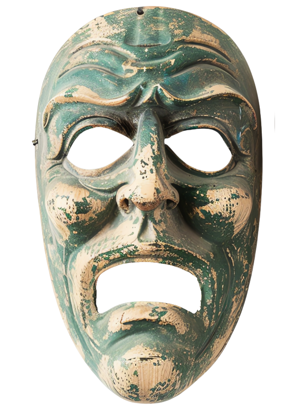 A Greek theater mask, showcasing the exaggerated facial features and vibrant colors typical of ancient Greek drama. The mask, made of lightweight materials like linen or cork, reflects the theatrical traditions of the time.