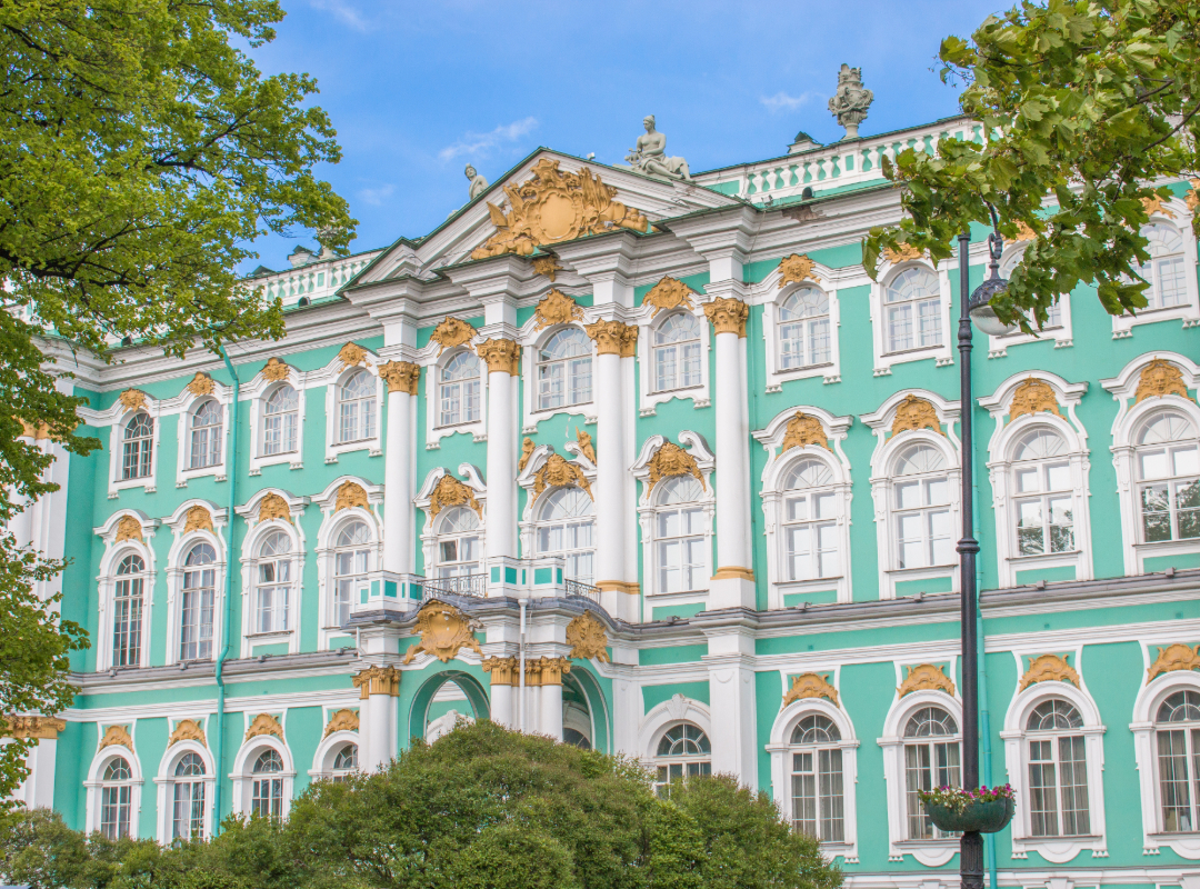 Baroque facade of the State Hermitage Museum along the Neva River, Russia