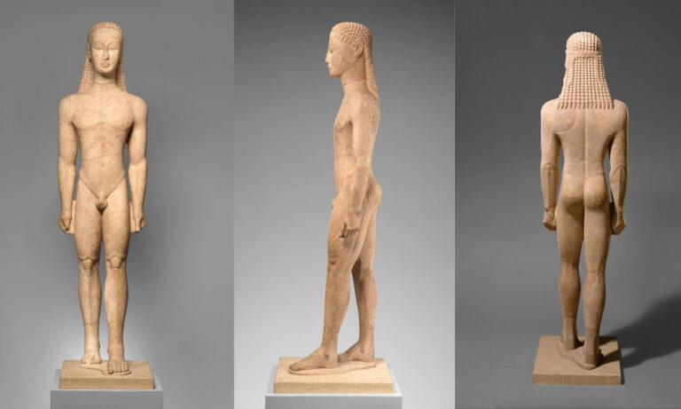 Definition Kouros: Ancient Greek kouros statue standing upright with arms at sides, carved from marble with archaic facial features