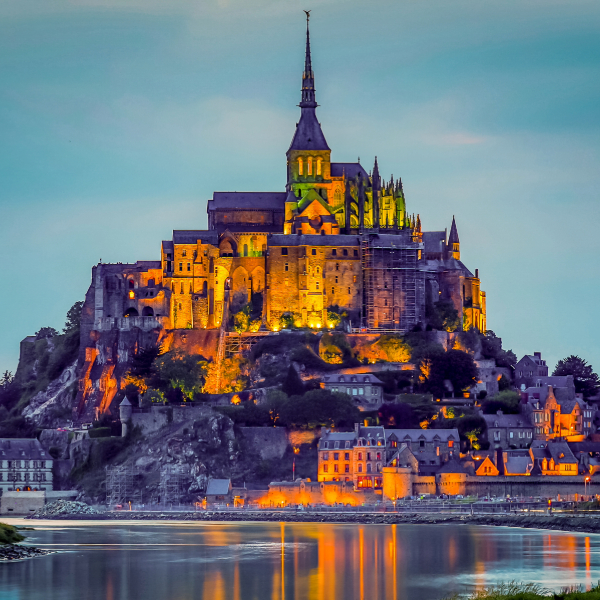 Mont Saint-Michel, a medieval abbey rising from tidal flats in Normandy, France.