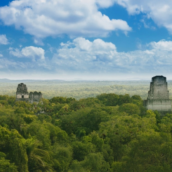 Tikal’s towering Mayan pyramids emerging from the Guatemalan rainforest. Countries that start with G.