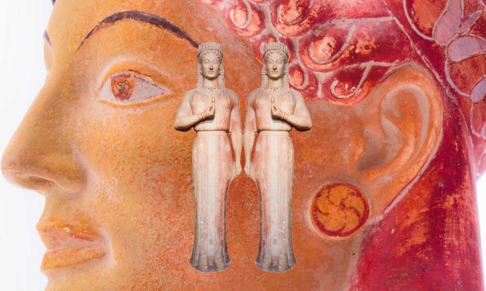 Kore Definition: Close-up of the Phrasikleia Kore's face with inset full-body view, showing the Archaic Greek statue's delicate features and ornate drapery.