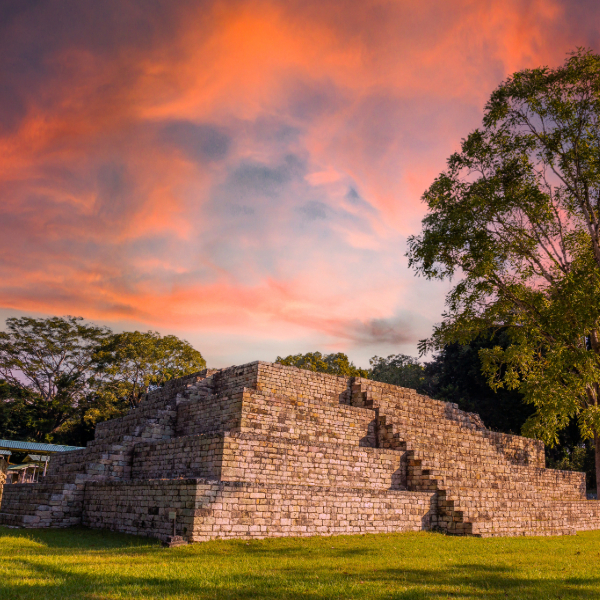 Mayan ruins at El Puente, Honduras, with plazas and carved stelae. Countries that start with H.