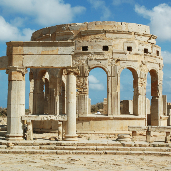 Roman theater at Leptis Magna, Libya, overlooking the Mediterranean. Countries that start with L.