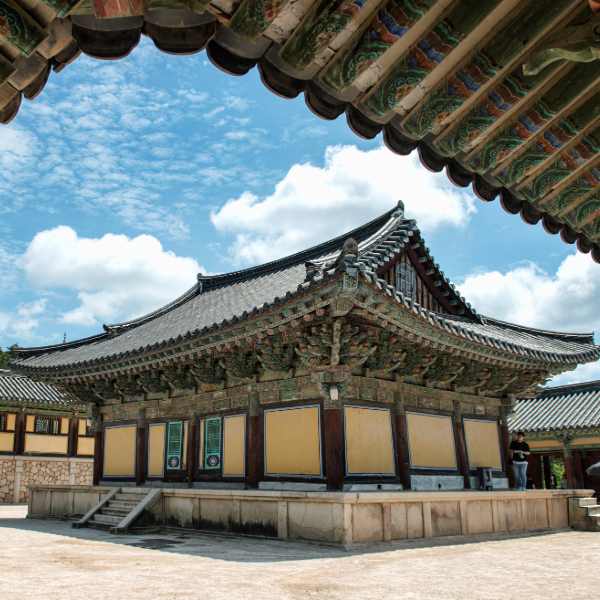 Ancient wooden pagodas and stone bridges of Bulguksa Temple. Countries that start with S.