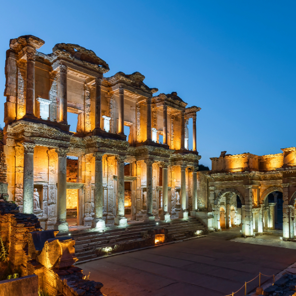 Two-story marble facade of the Library of Celsus in ancient Ephesus